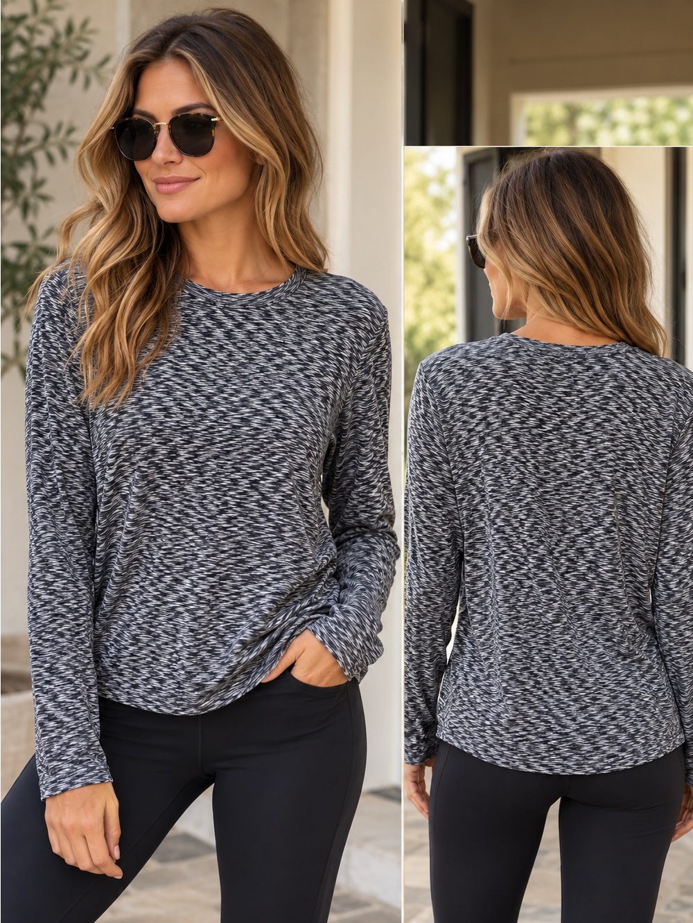 Outdoor Voices Black Heather Space-Dye Long Sleeve Top size Small